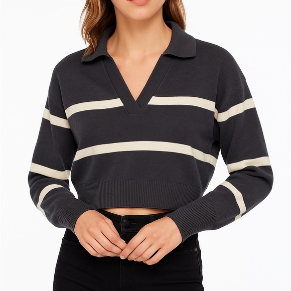 Dynamite Cropped Striped V-Neck collar POLO Grey & White Sweater XS - Picture 1 of 5